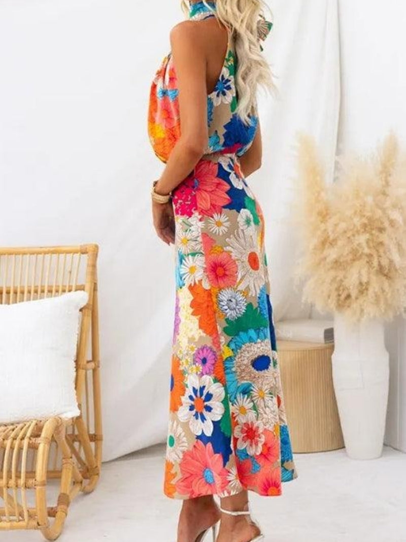 Valérie | Robe Maxi Florale Sans Manches à Col Noué