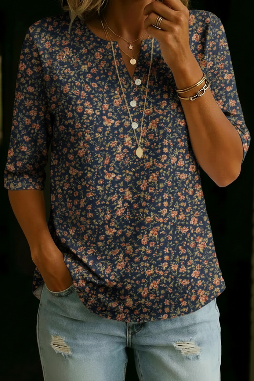 Élodie | Haut Henley Floral Élégant