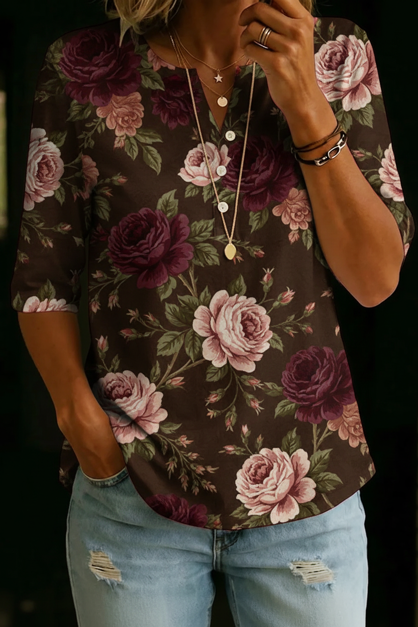 Chloé | Haut Henley Floral Rose Élégant