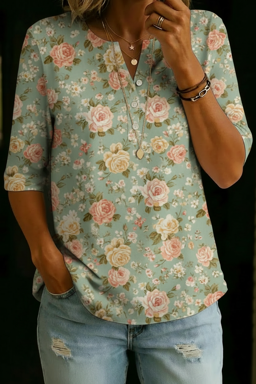 Aline | Haut Henley Floral Raffiné