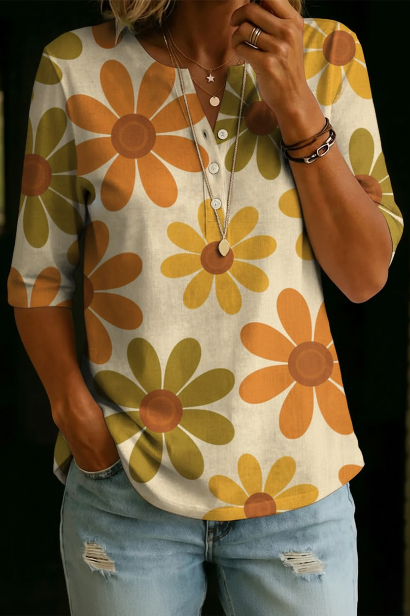 Nora | Haut Henley Rétro à Motif Marguerites
