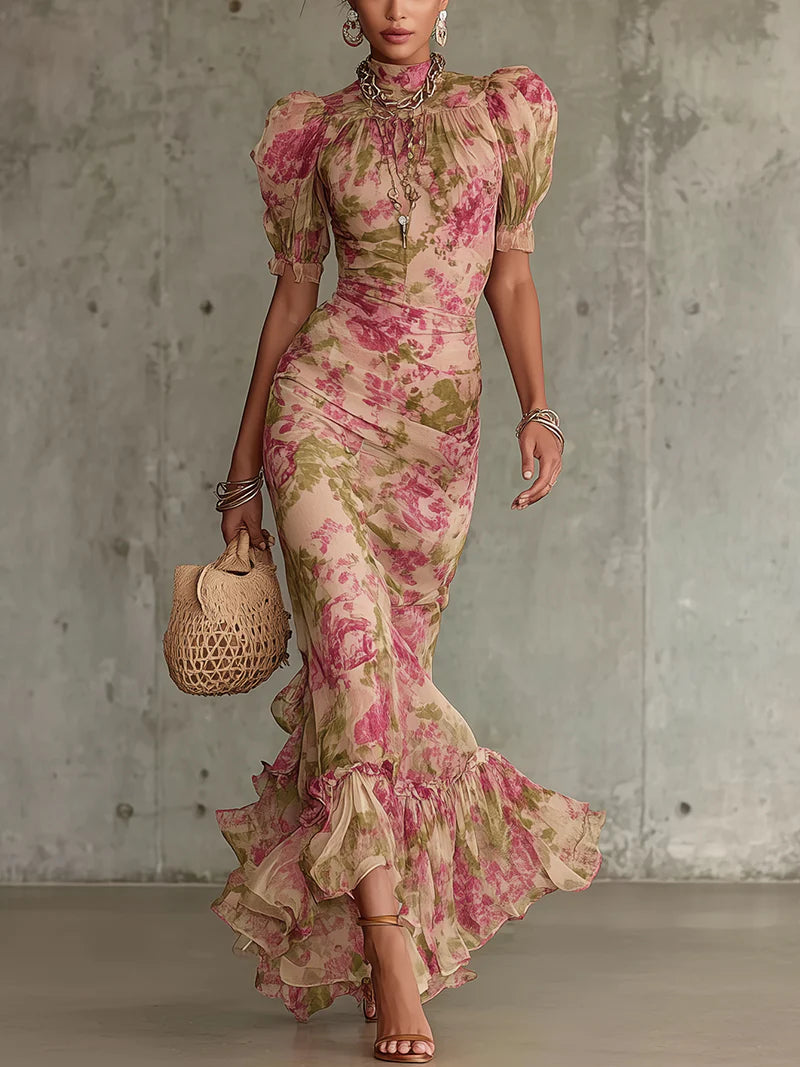 Camille | Robe Maxi Florale Vintage à Manches Bouffantes