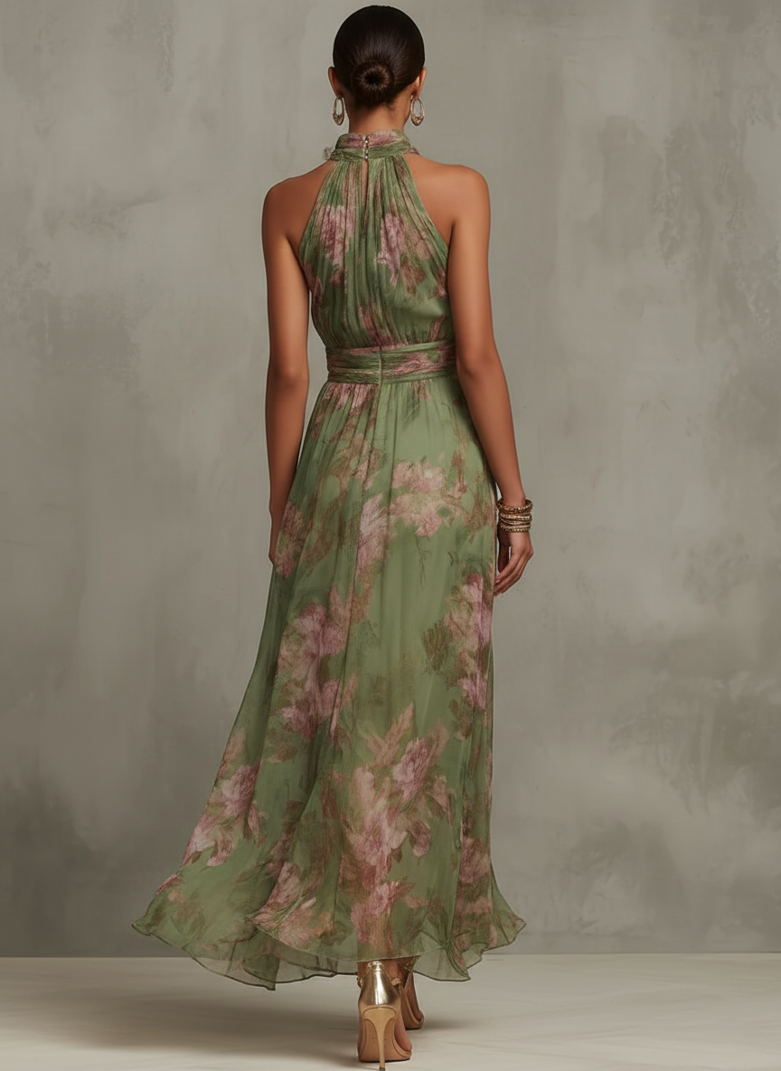 Charlotte | Robe Maxi Florale Verte à Col Licou
