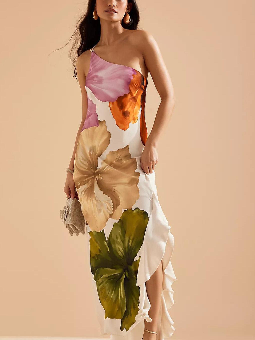 Océane | Robe Maxi Florale Élégante à Une Épaule