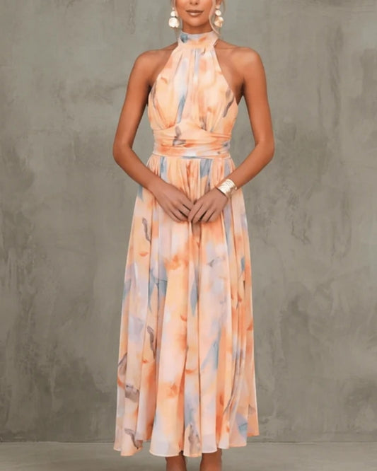 Inès | Robe Élégante à Imprimé Artistique avec Col Licou