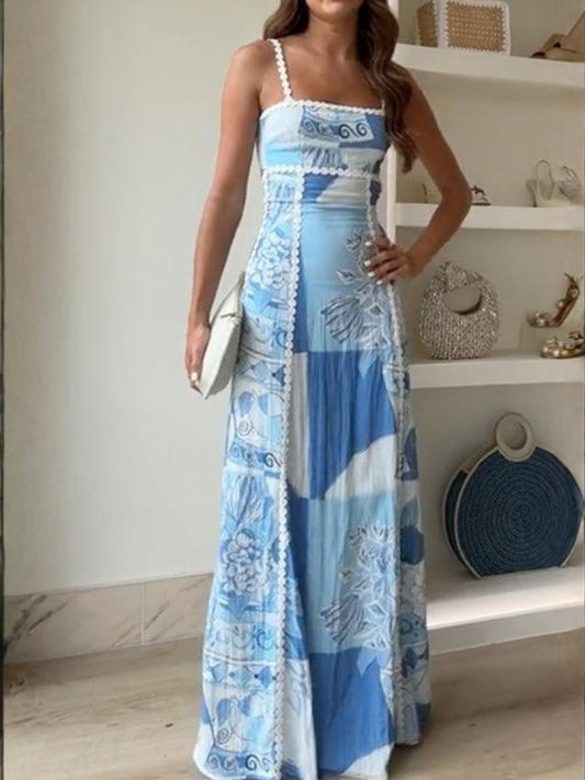 Yvette | Robe Maxi Imprimée à Bretelles avec Nœud au Dos