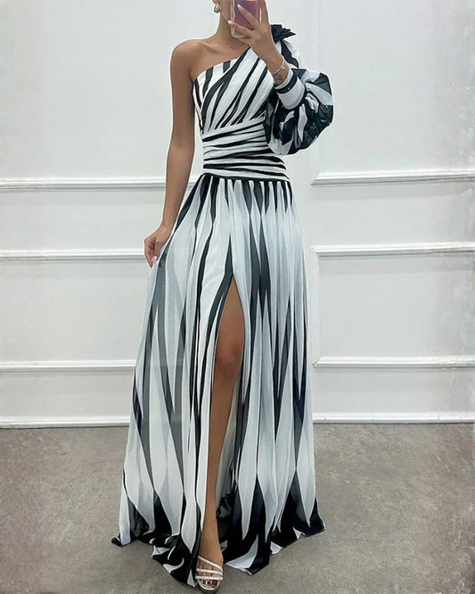 Sarah | Robe Maxi Élégante à Rayures Une Épaule