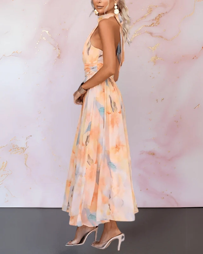 Inès | Robe Élégante à Imprimé Artistique avec Col Licou