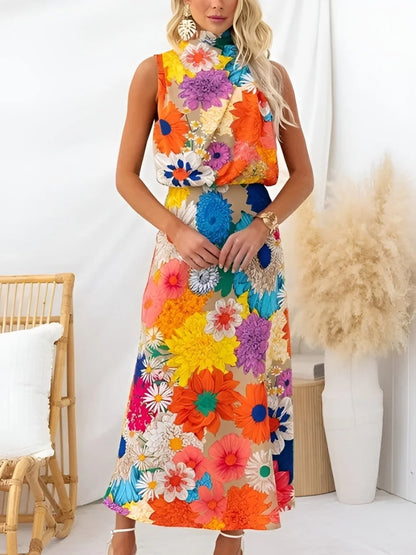 Valérie | Robe Maxi Florale Sans Manches à Col Noué