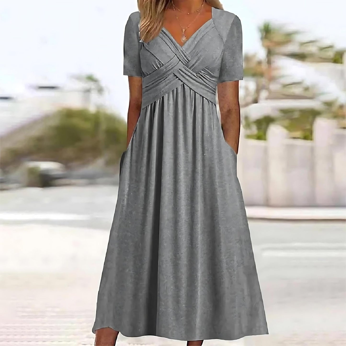 Juliette | Robe Midi Évasée Élégante – Gris
