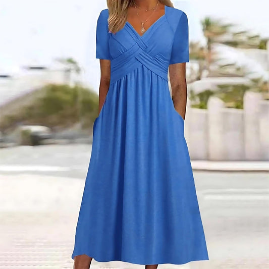 Camille | Robe Midi Évasée Élégante – Bleu