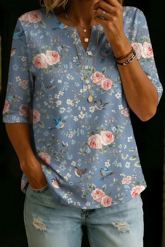 Capucine | Haut Henley Floral Vintage Élégant