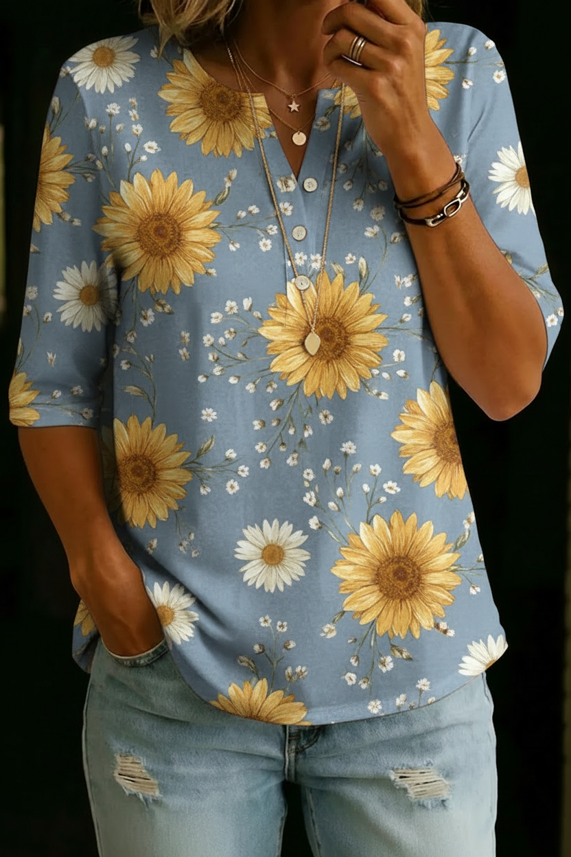 Hélène | Haut Henley à Motif Tournesols