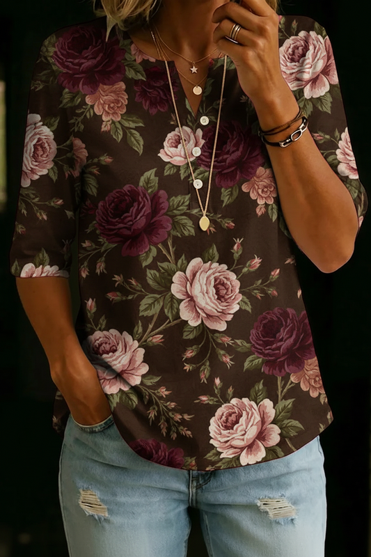 Chloé | Haut Henley Floral Rose Élégant