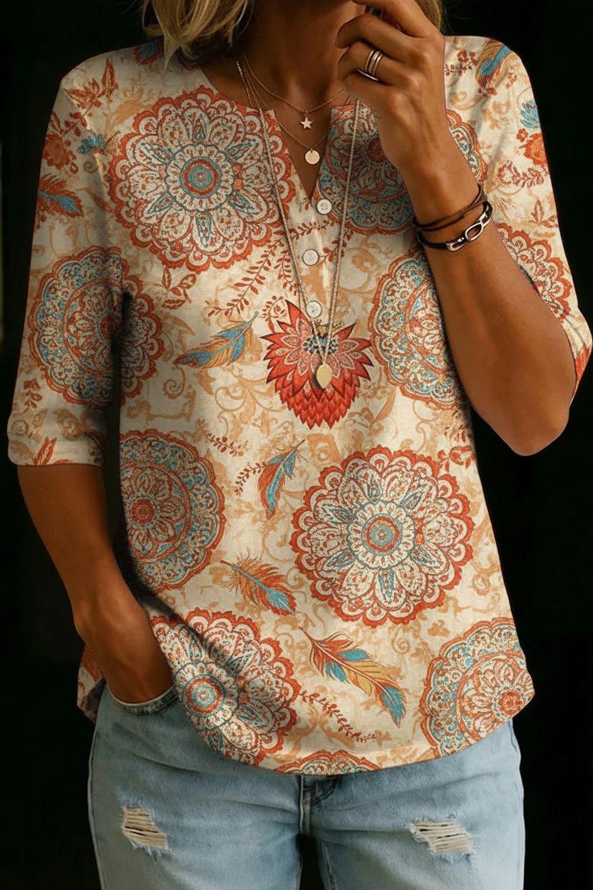 Solène | Haut Henley Bohème à Motif Médaillon