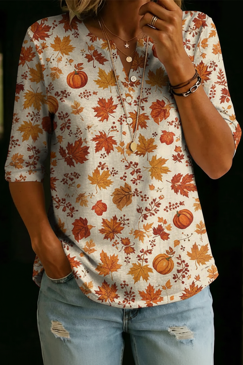 Louise | Haut Henley à Motif Feuilles d’Automne