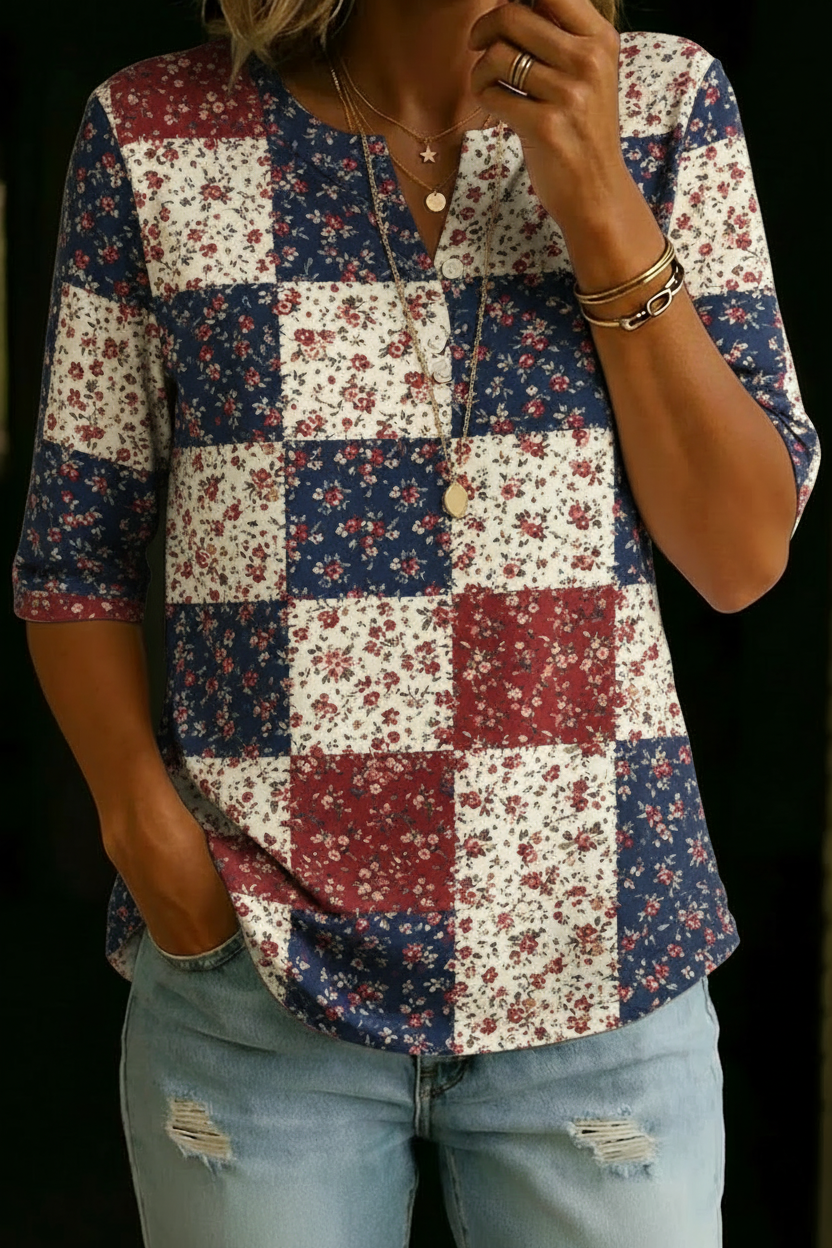 Océane | Haut Henley Floral Patchwork