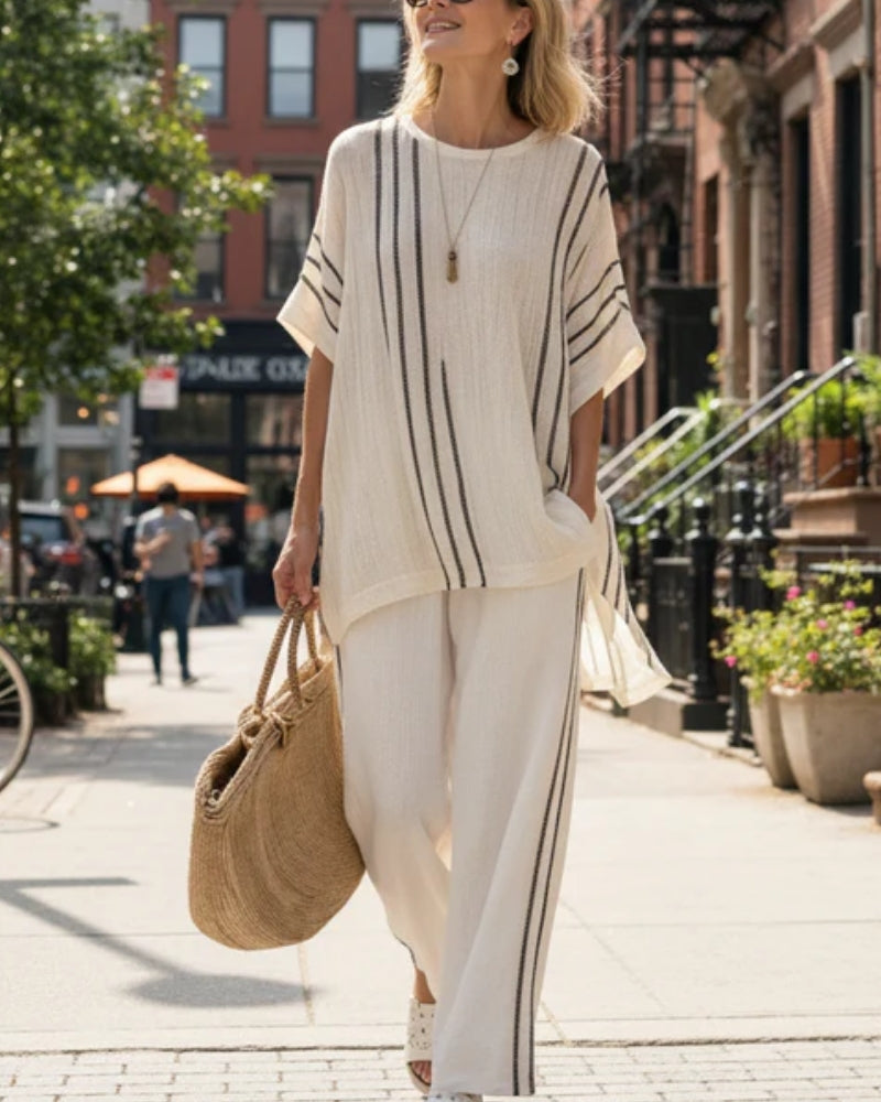 Louise | Ensemble Élégant Blouse et Pantalon à Rayures