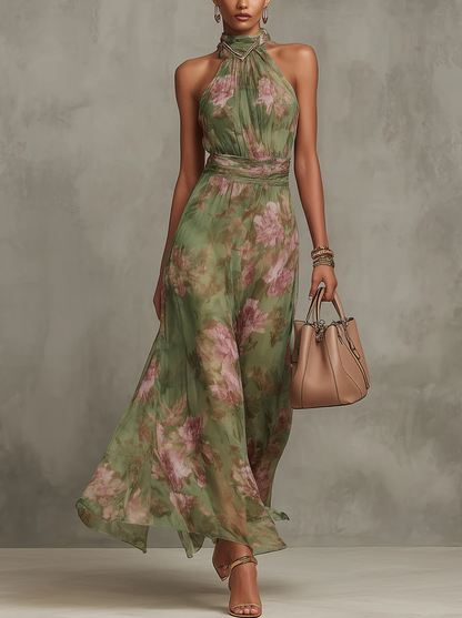 Charlotte | Robe Maxi Florale Verte à Col Licou