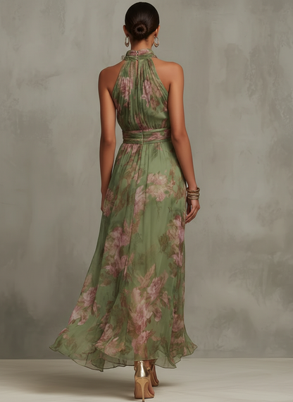 Charlotte | Robe Maxi Florale Verte à Col Licou